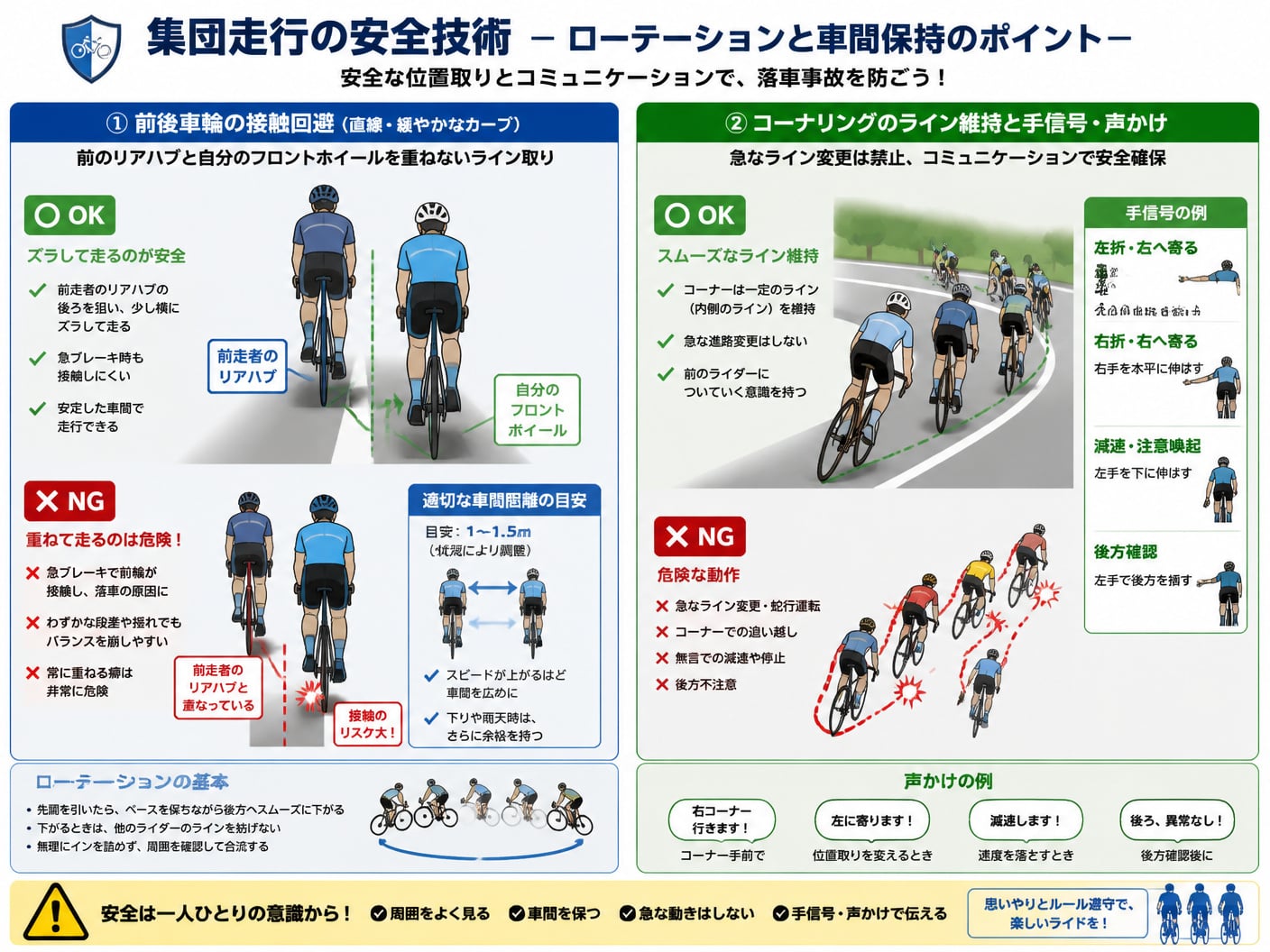 ロードレースの集団走行で落車を防ぐ安全技術とライン取りの図解